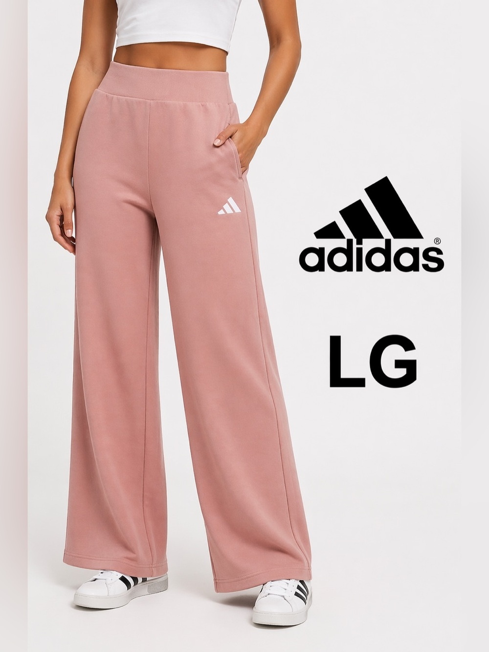 Adidas Wide Leg Pants Large Pink Lounge Athleisure Pockets Relaxed Fit